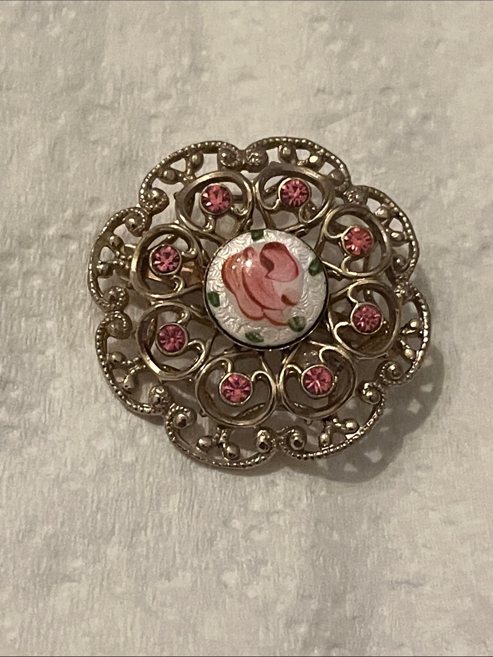 Vintage Guilloche Floral Pink Rhinestone Filigree Brooch